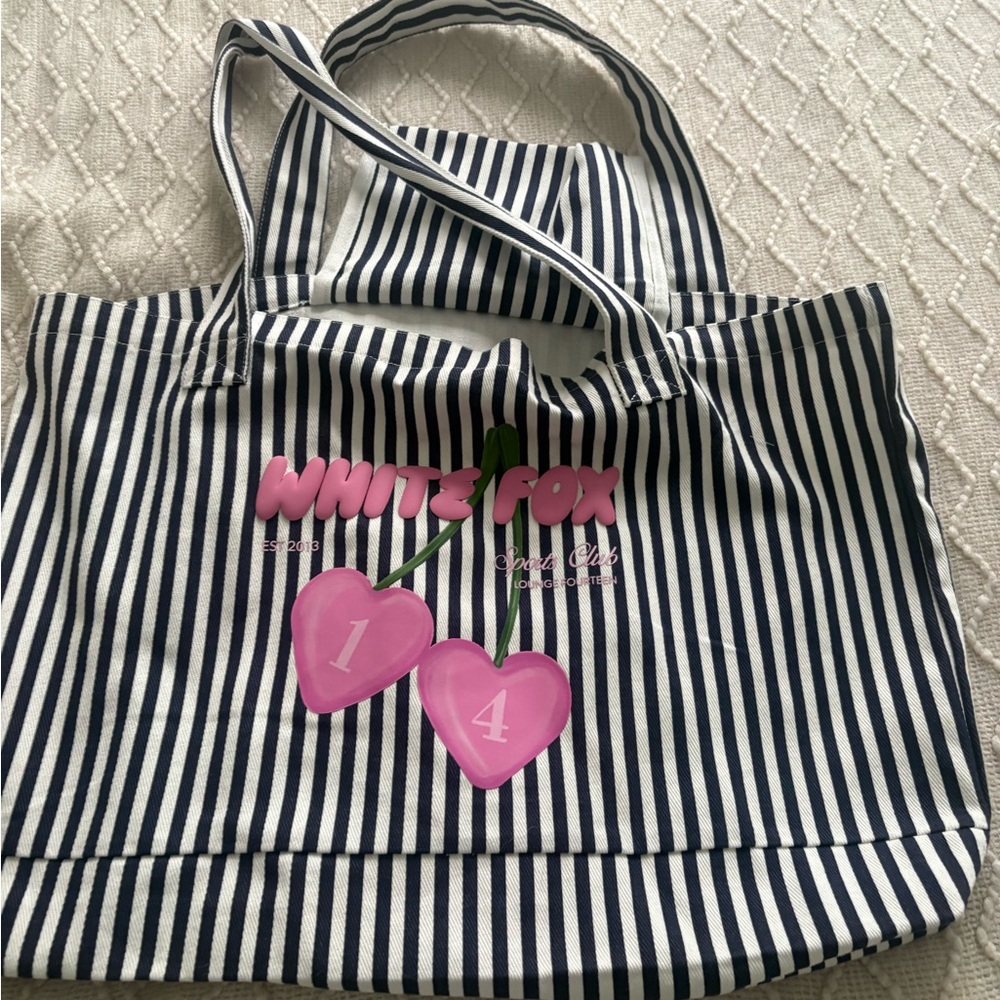 White Fox Boutique Navy and White Striped Tote with Pink Cherry Graphic